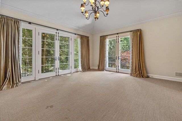 5716 E 1000 N, La Porte, IN 46350 - unfurnished room featuring a notable chandelier, crown molding, carpet floors, french doors, and baseboards
