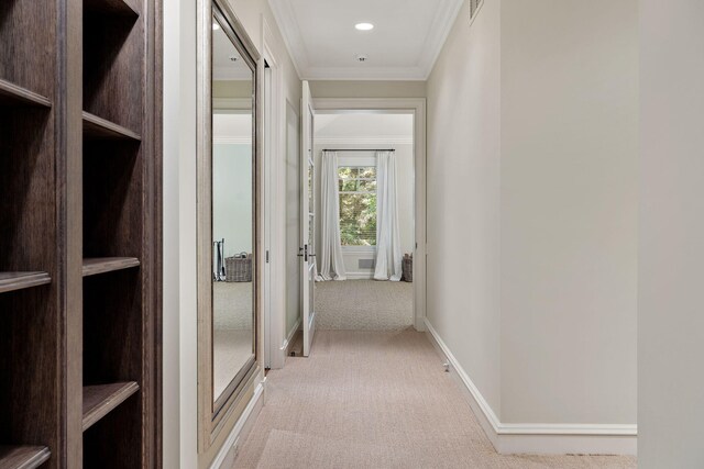 5716 E 1000 N, La Porte, IN 46350 - corridor featuring crown molding, recessed lighting, baseboards, visible vents, and light carpet