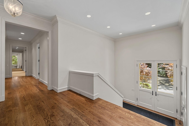 5716 E 1000 N, La Porte, IN 46350 - foyer entrance with baseboards, crown molding, and dark wood finished floors