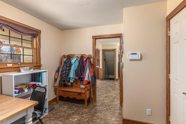interior space featuring baseboards and a textured ceiling