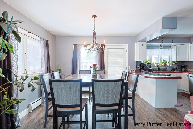 dining area featuring a baseboard heating unit, wood finished floors, a chandelier, and plenty of natural light