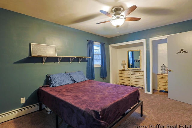 carpeted bedroom featuring a baseboard heating unit, pool table, and ceiling fan