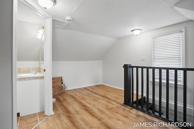 additional living space featuring lofted ceiling, wood finished floors, a sink, baseboards, and a textured ceiling