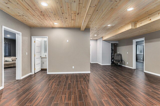 62711 Balk Rd, Sturgis, MI 49091 - unfurnished living room with recessed lighting, dark wood-style floors, baseboards, and wooden ceiling