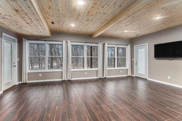 62711 Balk Rd, Sturgis, MI 49091 - unfurnished living room featuring baseboards, recessed lighting, dark wood-type flooring, and wooden ceiling
