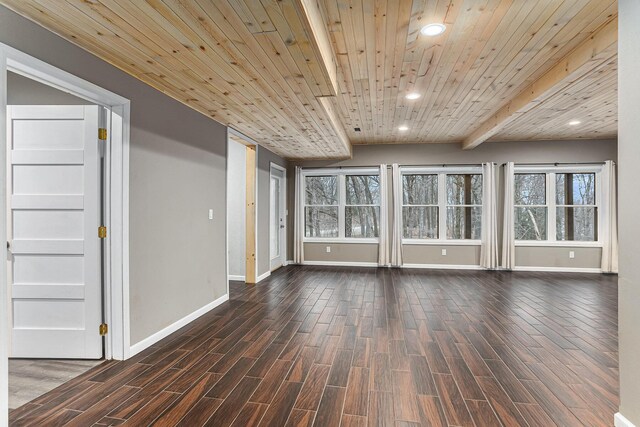 62711 Balk Rd, Sturgis, MI 49091 - unfurnished living room with recessed lighting, baseboards, wooden ceiling, dark wood-type flooring, and plenty of natural light