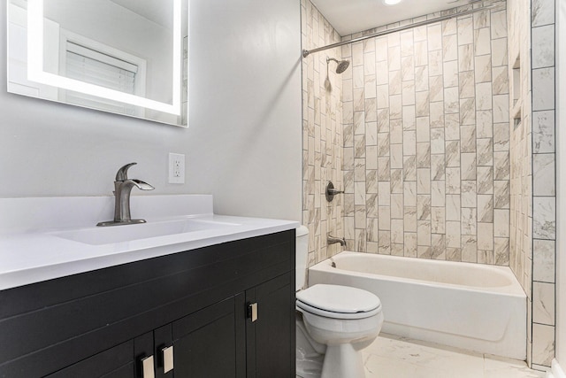 62711 Balk Rd, Sturgis, MI 49091 - bathroom featuring shower / bathtub combination, toilet, marble look tile flooring, and vanity