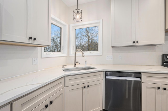 62711 Balk Rd, Sturgis, MI 49091 - kitchen with dishwasher, a sink, decorative light fixtures, light stone countertops, and white cabinetry