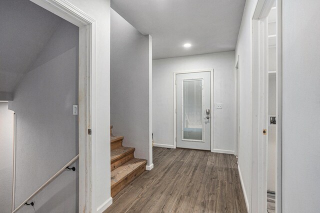 62711 Balk Rd, Sturgis, MI 49091 - entryway featuring wood finished floors, baseboards, stairway, and recessed lighting