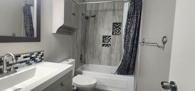 889 Kirts Blvd, Troy, MI 48084 - bathroom with toilet, vanity, backsplash, and shower / bathtub combination with curtain