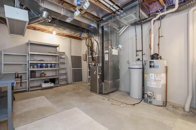 unfinished basement featuring heating unit and gas water heater