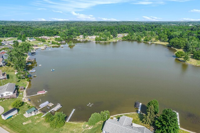 birds eye view of property with a water view and a view of trees