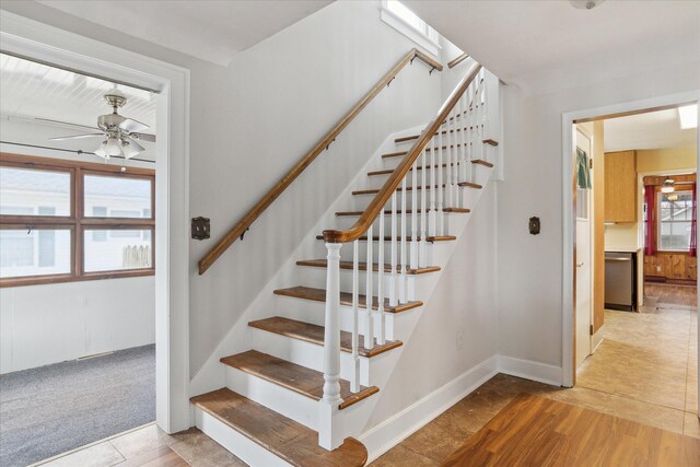 staircase featuring carpet and ceiling fan