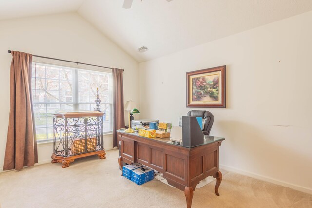 1998 Brighton Ln, Portage, MI 49024 - office featuring lofted ceiling, a ceiling fan, and light carpet