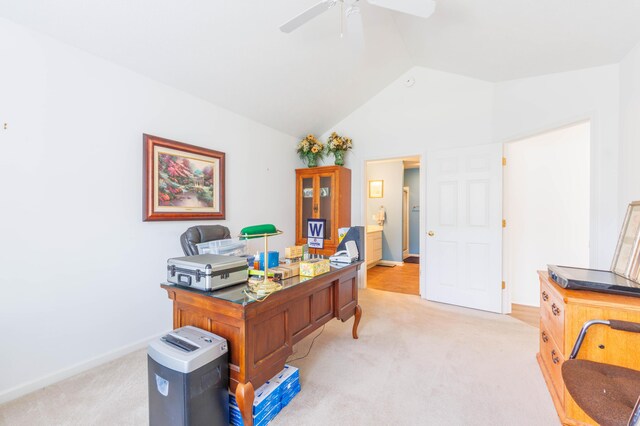 1998 Brighton Ln, Portage, MI 49024 - home office featuring baseboards, vaulted ceiling, a ceiling fan, and light colored carpet