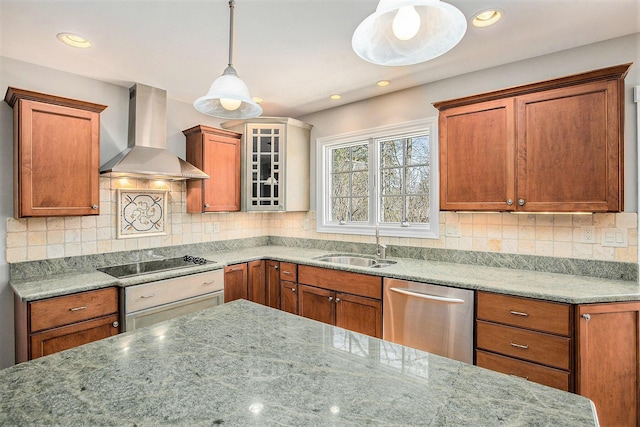 1625 Arlington Blvd, Ann Arbor, MI 48104 - kitchen featuring wall chimney range hood, stainless steel dishwasher, black electric stovetop, decorative light fixtures, and light stone counters