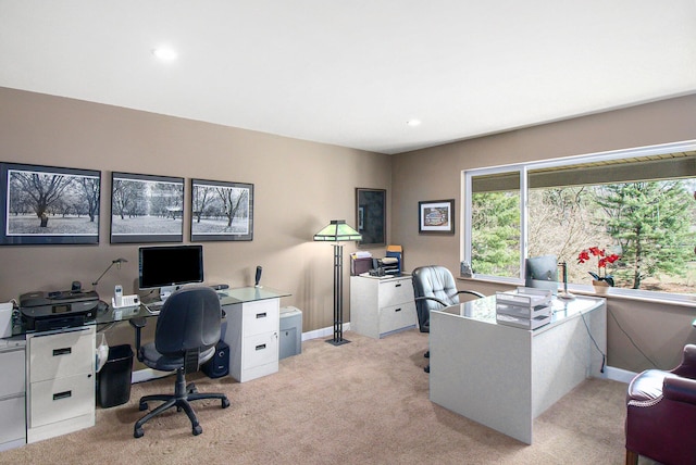 office area with light carpet, baseboards, and recessed lighting