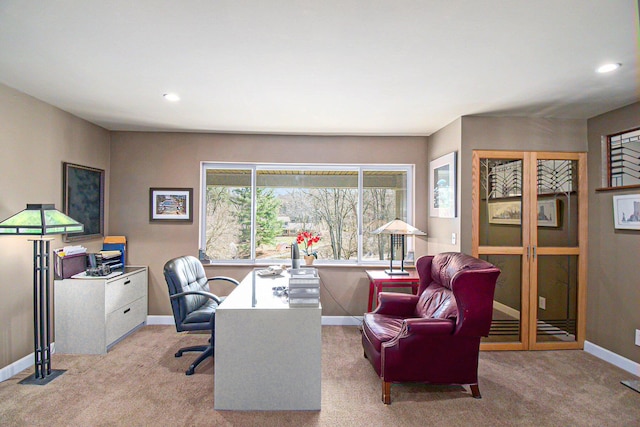 carpeted home office featuring baseboards and recessed lighting