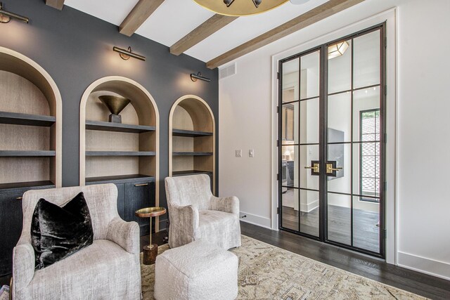557 Greenwood Ave SE, East Grand Rapids, MI 49506 - sitting room featuring built in shelves, visible vents, baseboards, beamed ceiling, and dark wood-type flooring