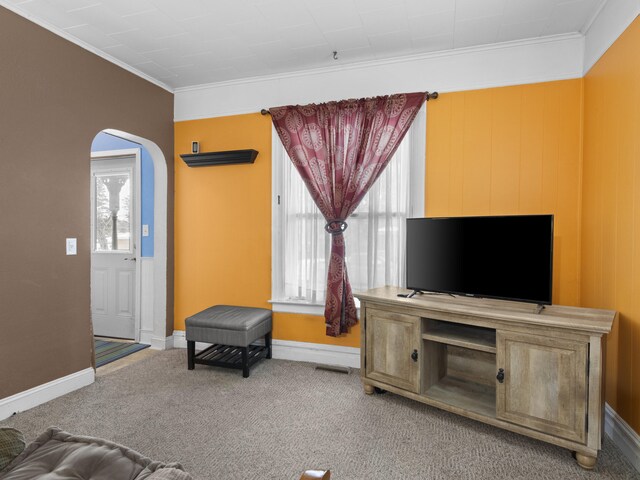 817 E Loomis St, Ludington, MI 49431 - living area featuring arched walkways, carpet, baseboards, and crown molding