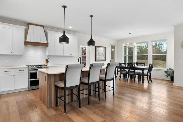 8114 Turning Stone, Kalamazoo, MI 49009 - kitchen with light countertops, double oven range, custom range hood, light wood finished floors, and a kitchen island with sink