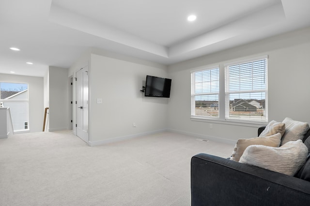 8114 Turning Stone, Kalamazoo, MI 49009 - living room with a raised ceiling, light carpet, baseboards, and recessed lighting