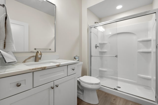 8114 Turning Stone, Kalamazoo, MI 49009 - bathroom featuring a stall shower, wood finished floors, toilet, and vanity
