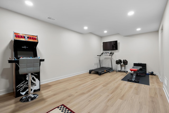 8114 Turning Stone, Kalamazoo, MI 49009 - exercise area with baseboards, visible vents, wood finished floors, and recessed lighting