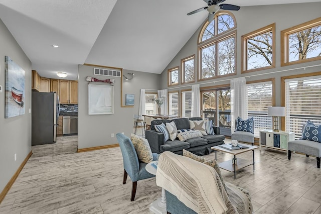 11262 Lemott Cir, Jerome, MI 49249 - living area featuring high vaulted ceiling, a ceiling fan, light wood finished floors, baseboards, and visible vents