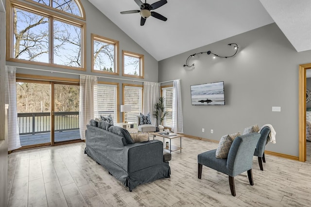 11262 Lemott Cir, Jerome, MI 49249 - living area with baseboards, high vaulted ceiling, wood finished floors, and a ceiling fan