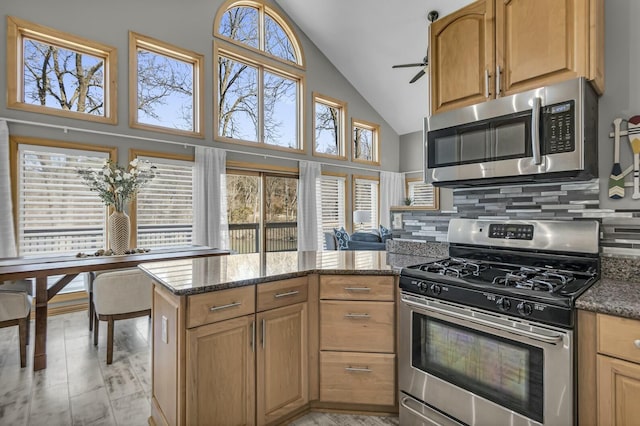 11262 Lemott Cir, Jerome, MI 49249 - kitchen featuring tasteful backsplash, a peninsula, dark stone countertops, stainless steel appliances, and ceiling fan