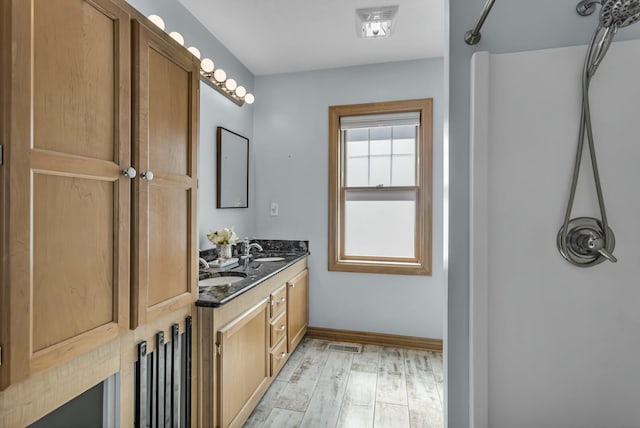 11262 Lemott Cir, Jerome, MI 49249 - full bath featuring a sink, wood finished floors, baseboards, visible vents, and double vanity