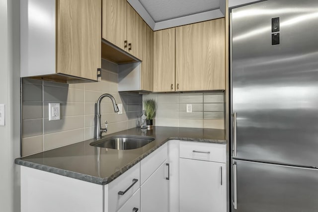 11262 Lemott Cir, Jerome, MI 49249 - kitchen featuring high quality fridge, white cabinetry, a sink, and tasteful backsplash