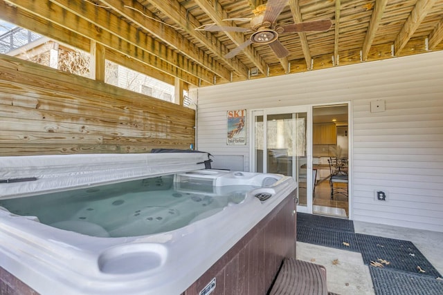 11262 Lemott Cir, Jerome, MI 49249 - misc room featuring wood walls, a hot tub, and ceiling fan