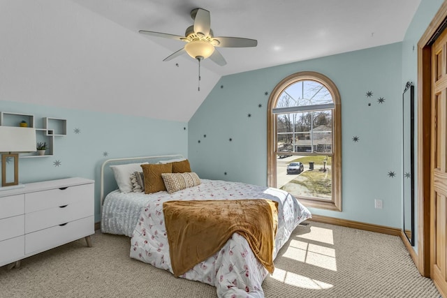 11262 Lemott Cir, Jerome, MI 49249 - bedroom with light colored carpet, lofted ceiling, baseboards, and a ceiling fan