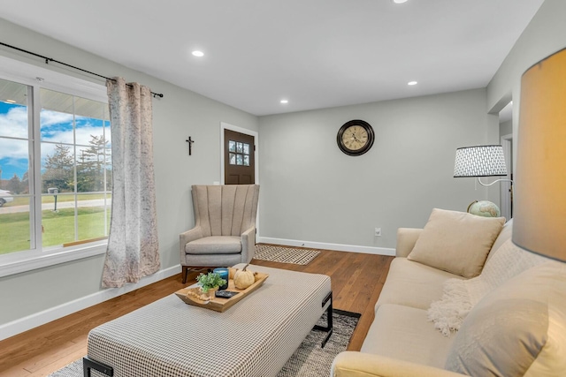 living area featuring baseboards, wood finished floors, and recessed lighting