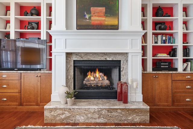 room details featuring a fireplace and wood finished floors