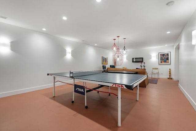 rec room with concrete floors, baseboards, visible vents, and recessed lighting