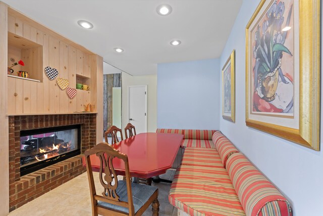 4103 Lake Shore Dr, New Buffalo, MI 49117 - tiled dining room with a brick fireplace and recessed lighting
