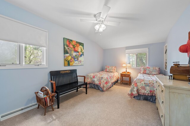 4103 Lake Shore Dr, New Buffalo, MI 49117 - carpeted bedroom with a baseboard heating unit, ceiling fan, and lofted ceiling