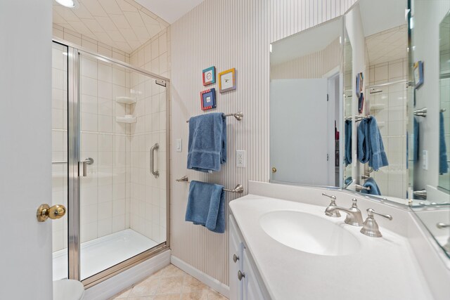 4103 Lake Shore Dr, New Buffalo, MI 49117 - bathroom with tile patterned floors, vanity, a shower stall, and wallpapered walls