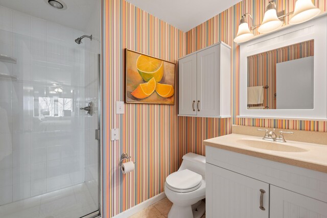 4103 Lake Shore Dr, New Buffalo, MI 49117 - bathroom featuring a shower stall, toilet, vanity, and wallpapered walls