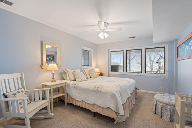 4103 Lake Shore Dr, New Buffalo, MI 49117 - bedroom featuring baseboards, a ceiling fan, visible vents, and light colored carpet