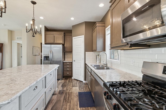 19372 M 140, South Haven, MI 49090 - kitchen featuring a sink, tasteful backsplash, dark wood finished floors, stainless steel appliances, and visible vents