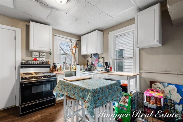1403 Turner Ave NW, Grand Rapids, MI 49504 - kitchen with light countertops, white cabinets, black range with gas stovetop, dark wood-type flooring, and a paneled ceiling