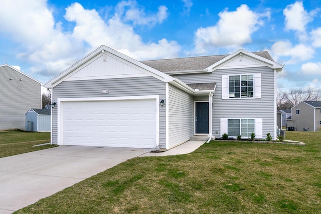 view of front of house featuring central air condition unit, roof with shingles, an attached garage, driveway, and a front lawn