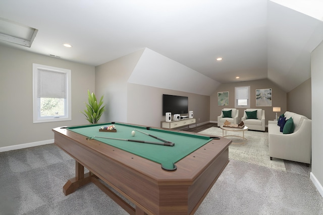 game room with vaulted ceiling, billiards, carpet floors, baseboards, and visible vents