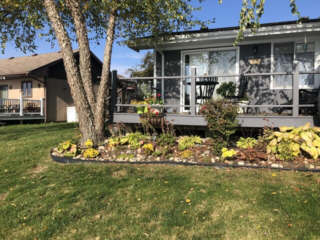 rear view of property featuring a deck and a yard