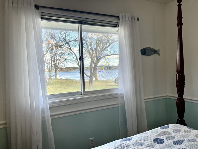 bedroom featuring a water view and multiple windows