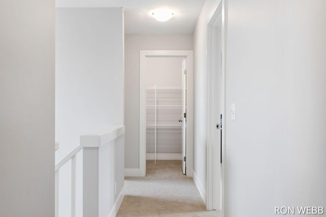 hallway featuring carpet and baseboards